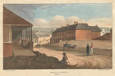 Uitzicht vanaf het Sydney Hotel, Augustus Earle. Uitzichten in Australië. Sydney- Earle Lithografie, 1826.